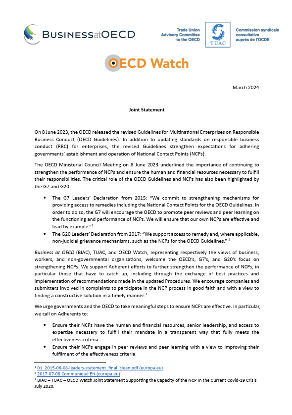 Joint Statement OECD Watch BIAC TUAC